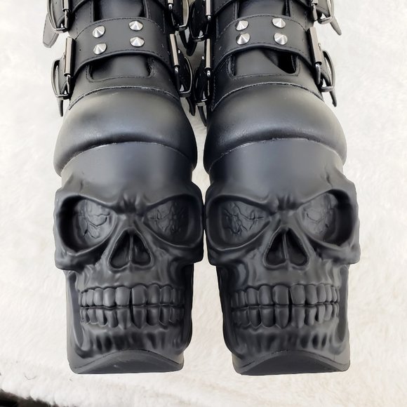 Skull & Bones Platform 8" Heel Mid Calf Boots Multiple Straps Vortex - Picture 13 of 16